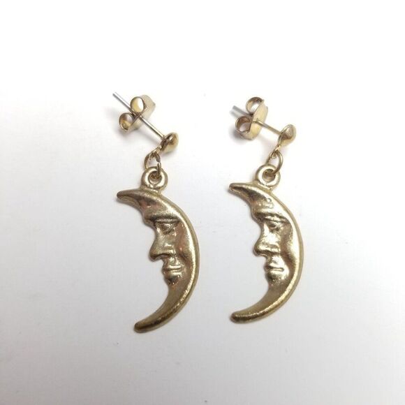 Vintage Dangle Crescent Moon Shaped Earrings, Gold Tone Drops, Estate - Picture 1 of 6